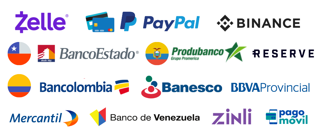 Metodos de pago: zelle paypal binance reserve Banco Estado Bancolombia Produbanco zinli Banesco Provincial Mercantil Banco de Venezuela Pago Movil